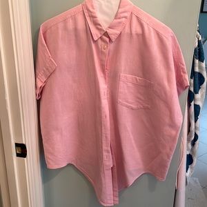 Madewell light pink linen tie shirt.